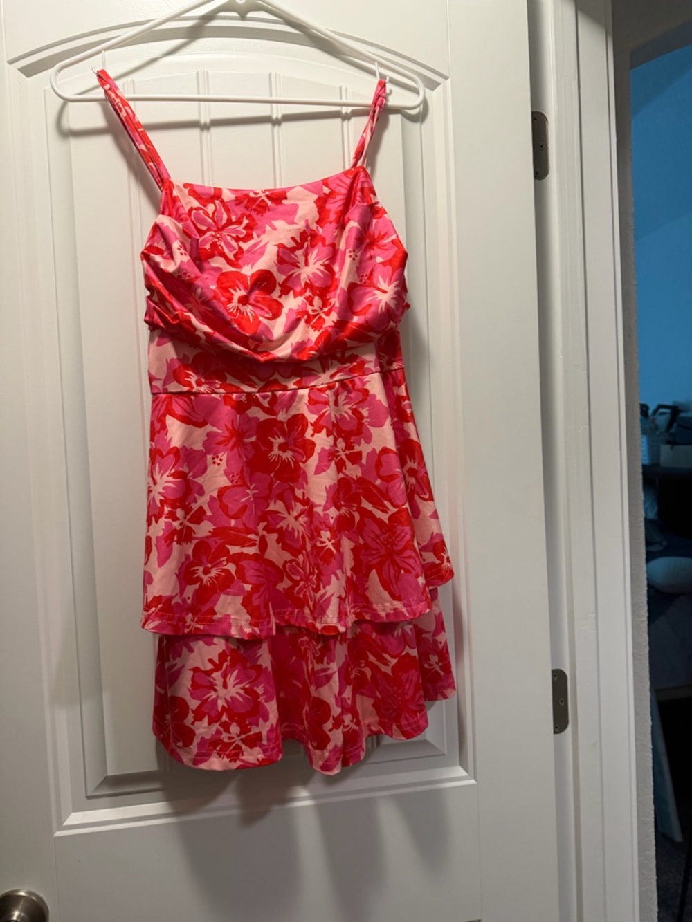 SHEIN Pink and Red Floral Tiered Sundress